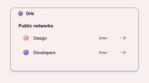 Illustrated Orbs Network demo: find a network, enter a room, and join the conversation